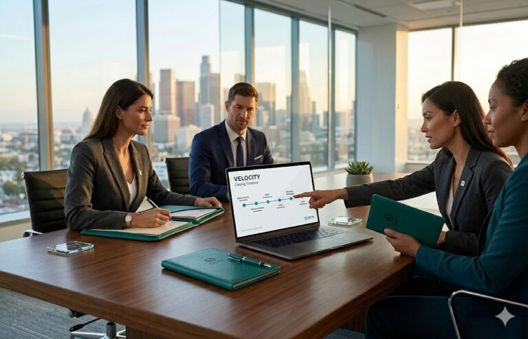 A cinematic, high-stakes boardroom meeting in a luxury high-rise overlooking a California city skyline at golden hour, featuring a diverse team of professionals analyzing a "Velocity Closing Timeline" on a laptop alongside OCTC branded portfolios.