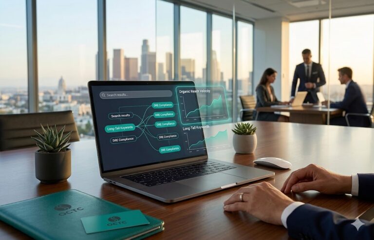 A sophisticated visualization of SEO data flow and keyword rankings for real estate, displayed on a silver laptop screen within a modern, glass-walled luxury office at golden hour.