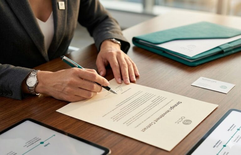 A high-angle, professional close-up of a transaction coordinator signing a strategic investment contract with a Jade fountain pen, featuring an OCTC branded leather portfolio and modern office technology on a dark wood desk.