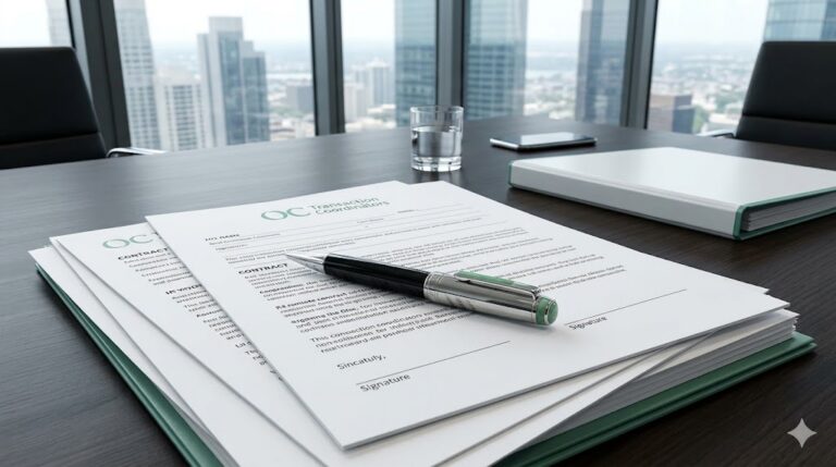 A premium real estate escrow file and a luxury pen with jade stone accents sitting on a modern corporate boardroom desk overlooking a city skyline, representing elite risk-management and meticulous contract compliance.