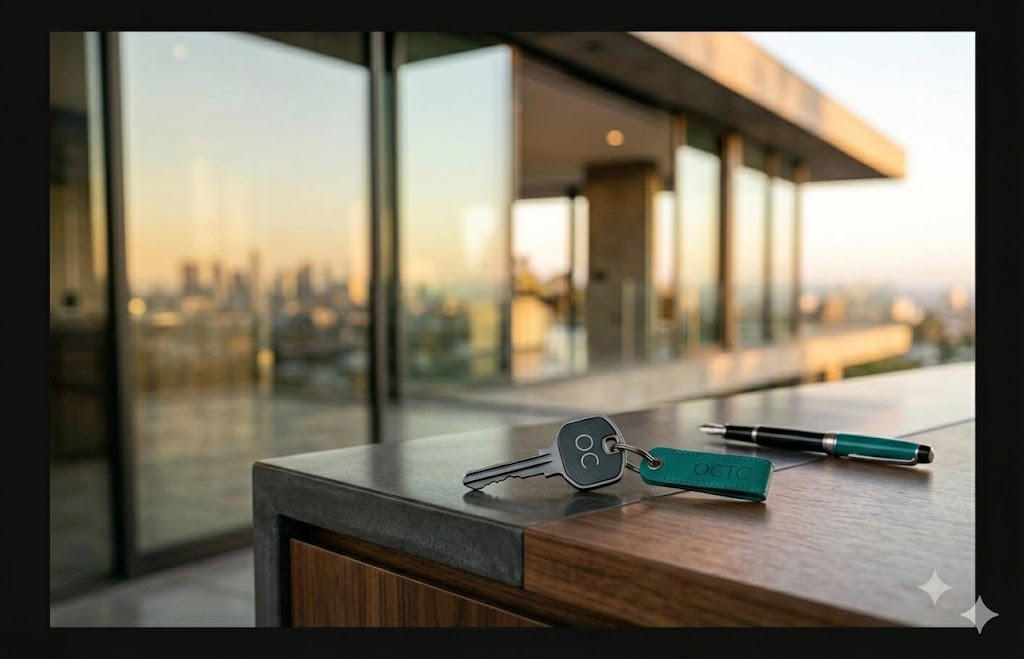 A close-up photograph of a custom matte charcoal key with a jade green leather fob featuring the OCTC logo, resting on a polished walnut and concrete surface with a luxury modern home interior in the background, symbolizing precision in real estate closings.