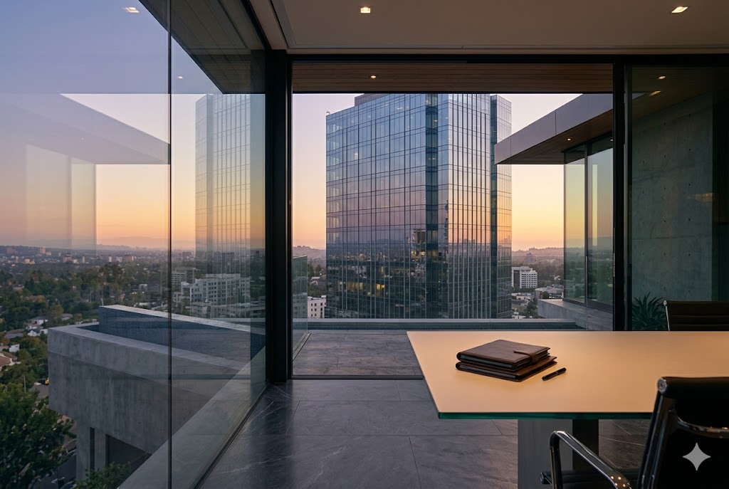 Services 3 Cinematic view from a luxury commercial glass boardroom overlooking a city skyline at sunset, representing OCTC's elite commercial transaction coordination and asset management services