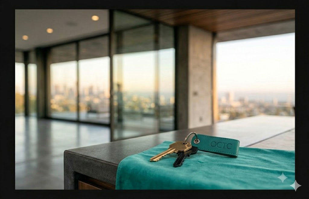A high-end real estate closing scene featuring a set of keys with a jade green OCTC fob and a professional fountain pen resting on a teal leather desk mat, symbolizing the final step of a successful transaction.
