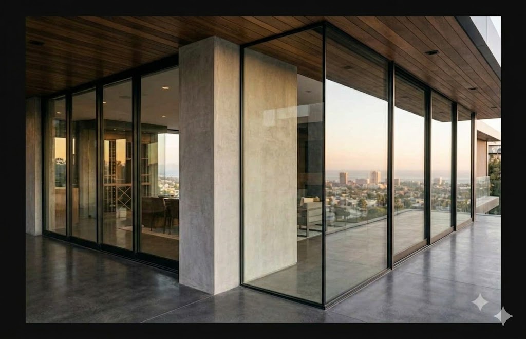 An architectural close-up of a modern luxury home featuring a floor-to-ceiling glass corner, clean concrete pillars, and a warm wood-slat ceiling, reflecting the high-end real estate market OCTC serves.
