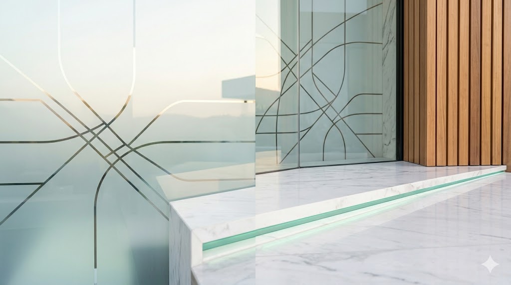 FAQ 1 Close-up architectural photography of a luxury home interior featuring frosted glass with geometric patterns, white marble flooring, and warm wood paneling for FAQ