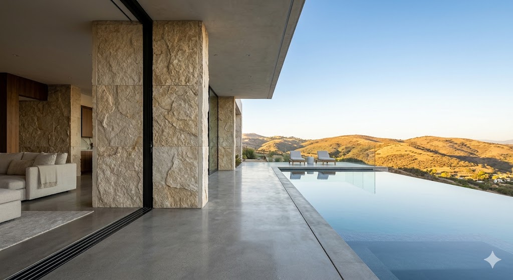 FAQ 2 Close-up architectural photograph of a prestigious contemporary desert-coastal estate in San Diego, showcasing a polished concrete pool deck and a stunning infinity pool edge reflecting distant golden hills and a clear blue sky, conveying trust and sophisticated relaxation.