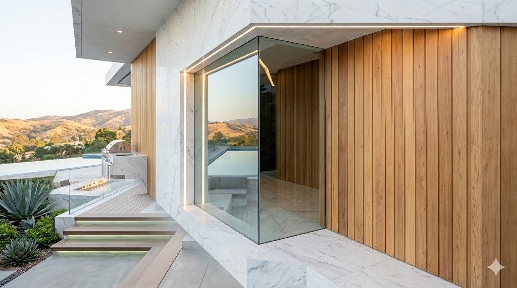 FAQ 3 Architectural detail of a luxury modern home featuring a floor-to-ceiling glass corner, vertical wood slat siding, and white marble accents at dusk.
