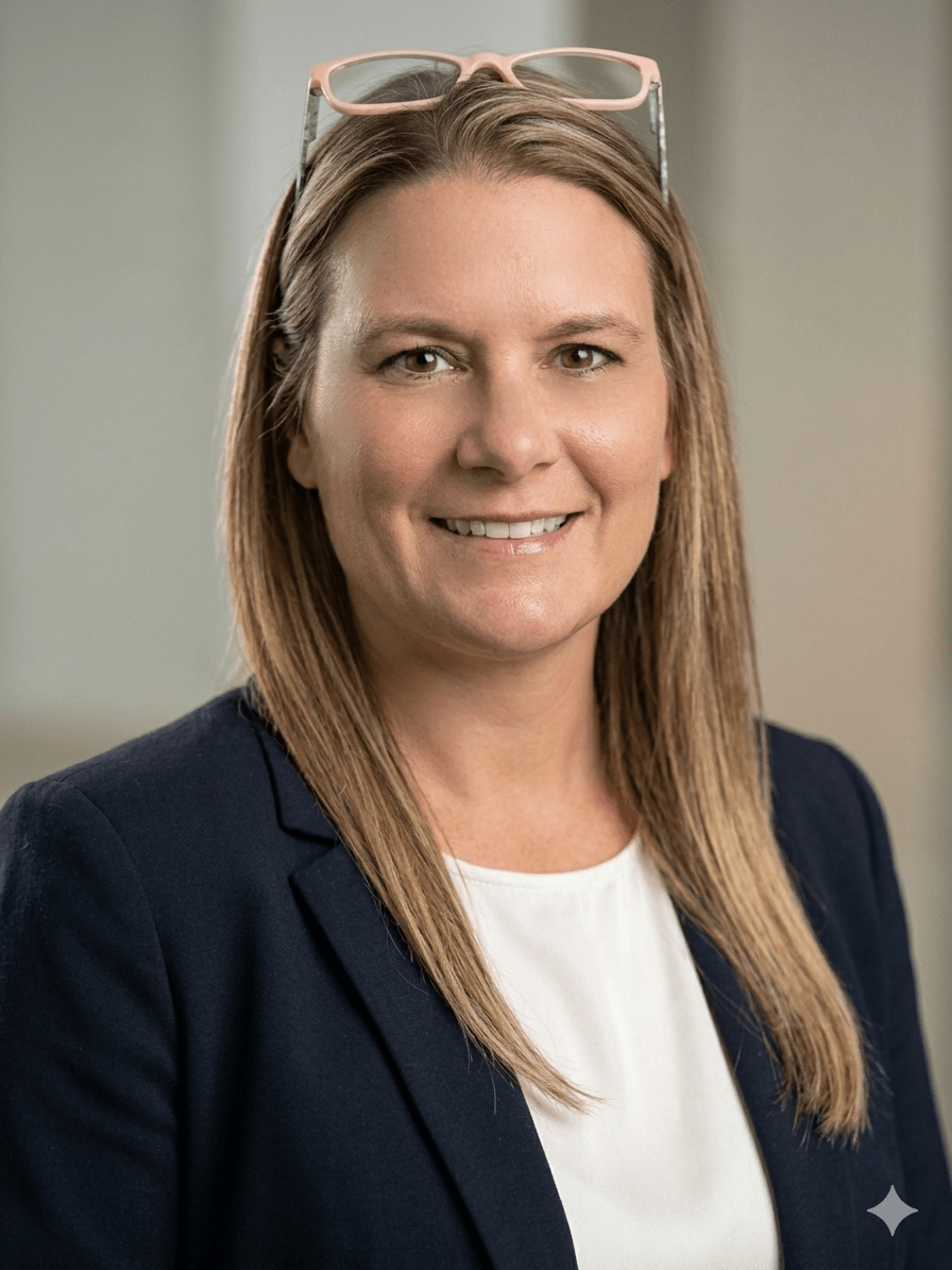 About Sara Hofacker, founder of OC Transaction Coordinators, in executive attire against a modern office background, representing elite real estate transaction management.