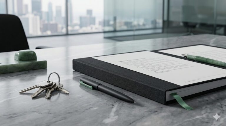A high-end marble conference table featuring an elite transaction management folder, corporate keys, a sleek black pen with a jade green clip, and a luxury jade fountain pen overlooking a blurred Southern California city skyline.