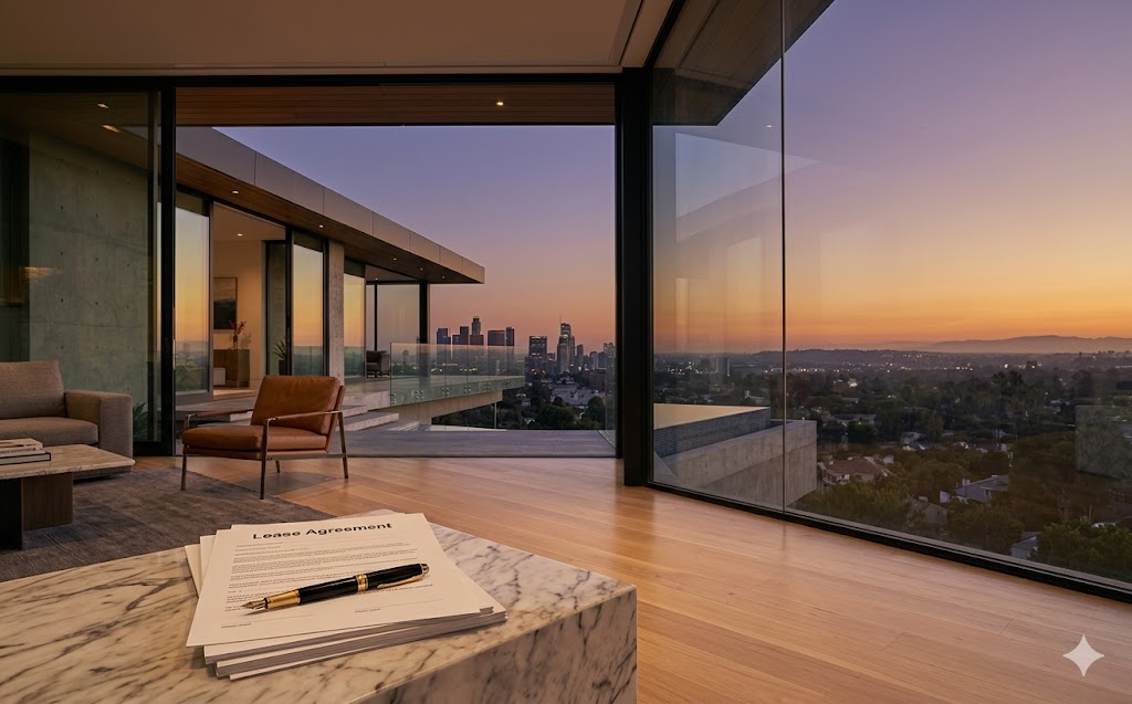 Services 4 Interior view of a luxury modern loft with floor-to-ceiling windows at sunset, representing OCTC's professional lease compliance and document coordination services