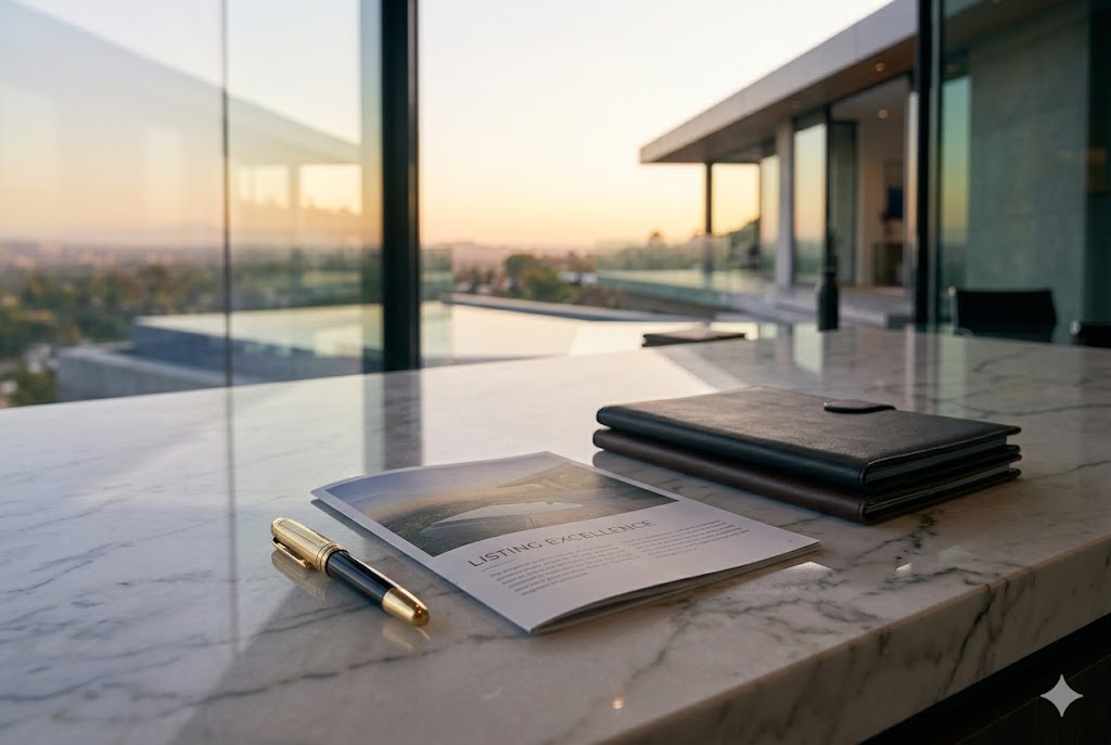 Services 2 Close-up of a high-end matte property brochure on a veined marble countertop, representing OCTC professional listing management services and administrative support in California.