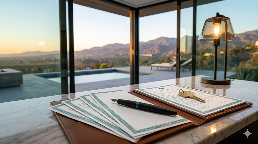 Reviews 3 Professional real estate closing documents and corporate files organized neatly on a marble desk next to a modern lamp, showcasing compliance management services by OC Transaction Coordinators.