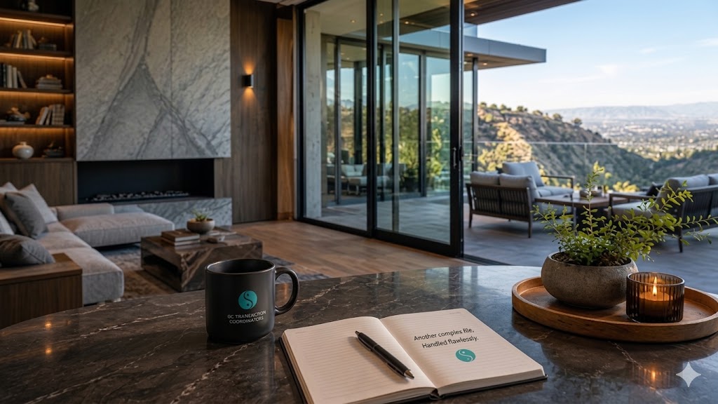 Reviews 6 A wide, modern luxury office interior during daylight, showcasing a dark marble foreground desk with an open notebook, pen, and branded black coffee mug for OC Transaction Coordinators. In the background, sliding glass doors look out onto an open terrace and a scenic hillside landscape.
