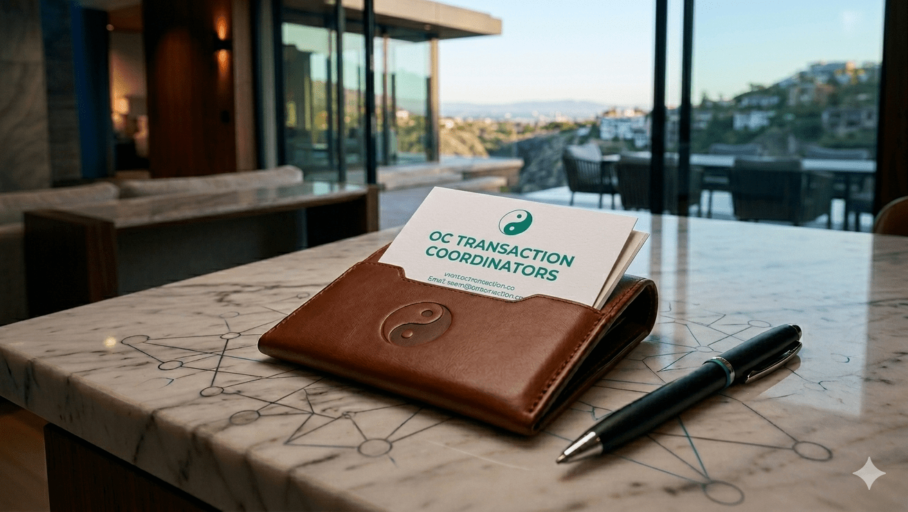 Reviews 2 A luxury white business card for OC Transaction Coordinators with jade green text and a yin-yang logo, resting inside a brown leather holder on a modern marble desk overlooking a Southern California hillside estate at sunset.