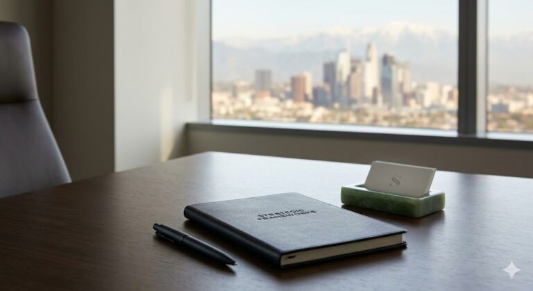 A luxury corporate desk featuring an elite transaction management notebook stamped with 'Strategic Frameworks' alongside a clean black pen and a custom jade business card holder overlooking a blurred view of the Los Angeles skyline.