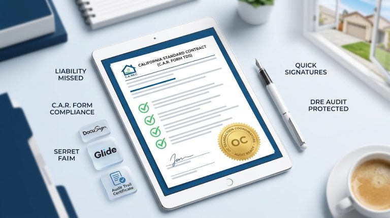 A digital tablet displaying a California Standard Contract (C.A.R. Form TDS) with checkmarks, an OC Transaction Coordinators gold audit-ready seal, and compliance branding on a modern office desk.