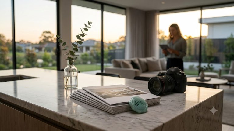 Close-up view of a professional black camera and a neat stack of modern real estate listing brochures on a polished marble kitchen island in California, representing OCTC listing management and vendor coordination services for elite agents.