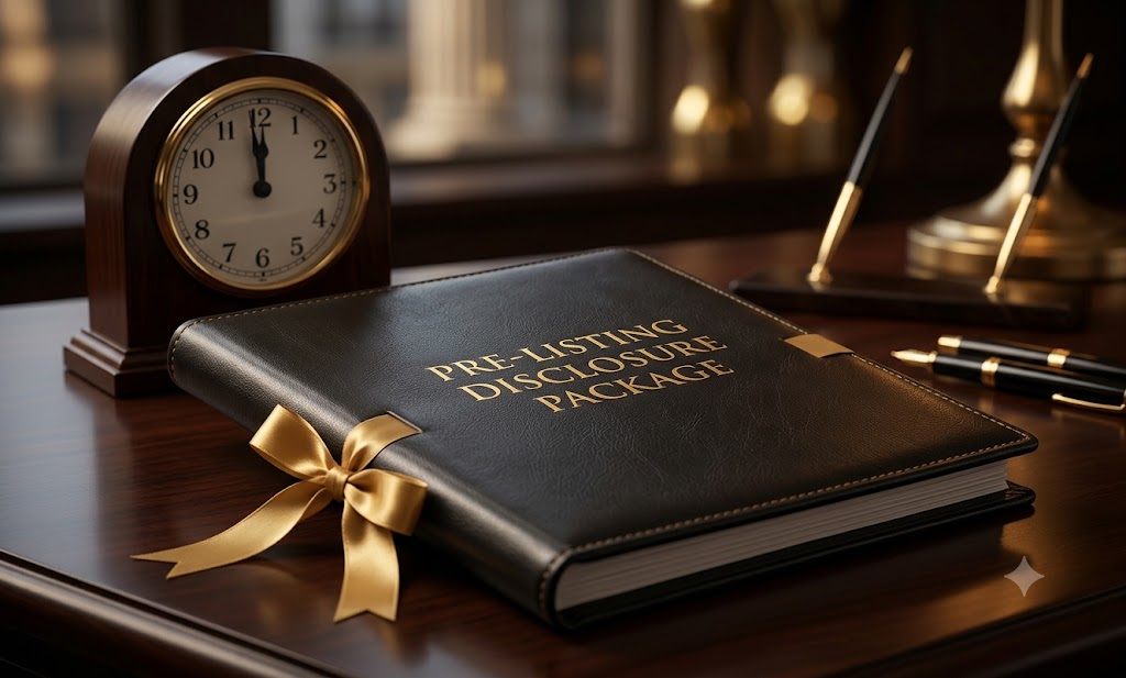 Detailed view of a luxurious, gold-embossed disclosure package, with a vintage clock near midnight in the blurred background.