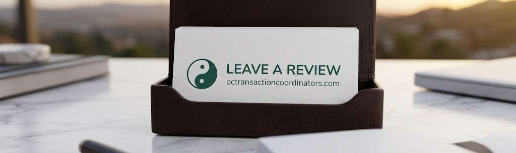 Reviews 7 Brand graphic for OC Transaction Coordinators inviting clients to leave a review